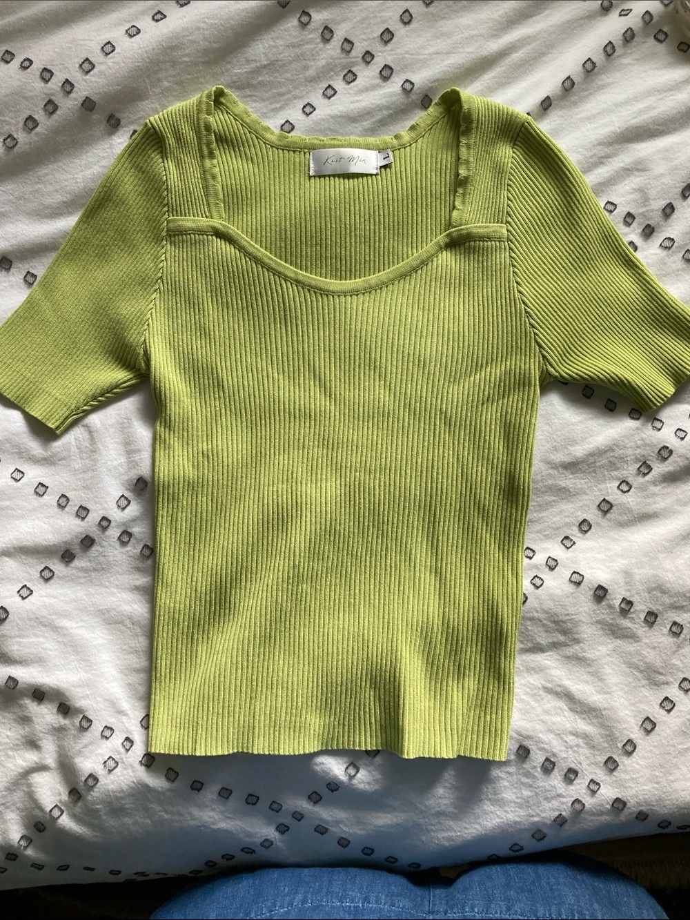 Ribbed Short Sleeve Top in Lime by Knit Mix